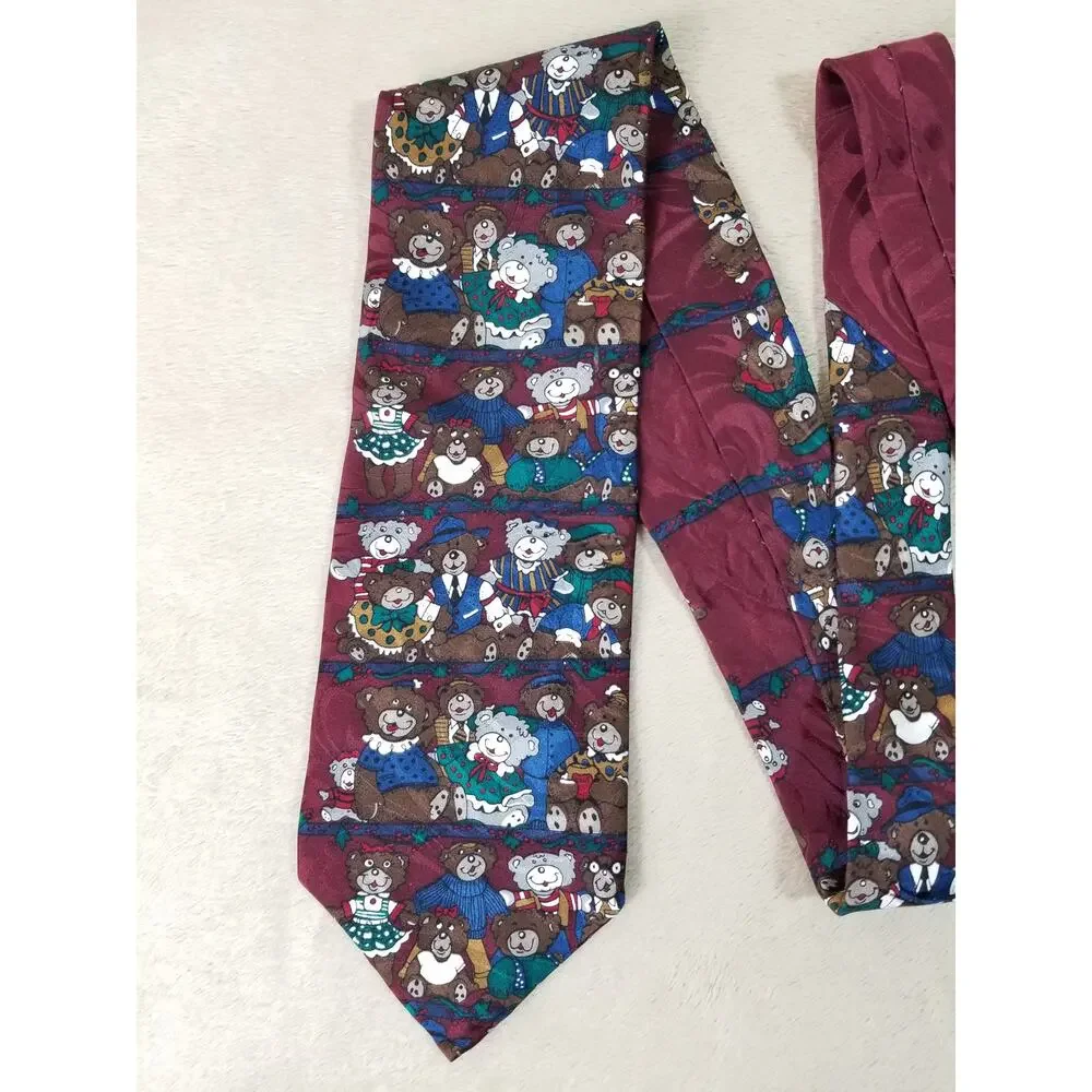 Ho Ho Ho Men Tie Christmas Teddy Bear Burgundy Silk Holidays Vintage Collectible